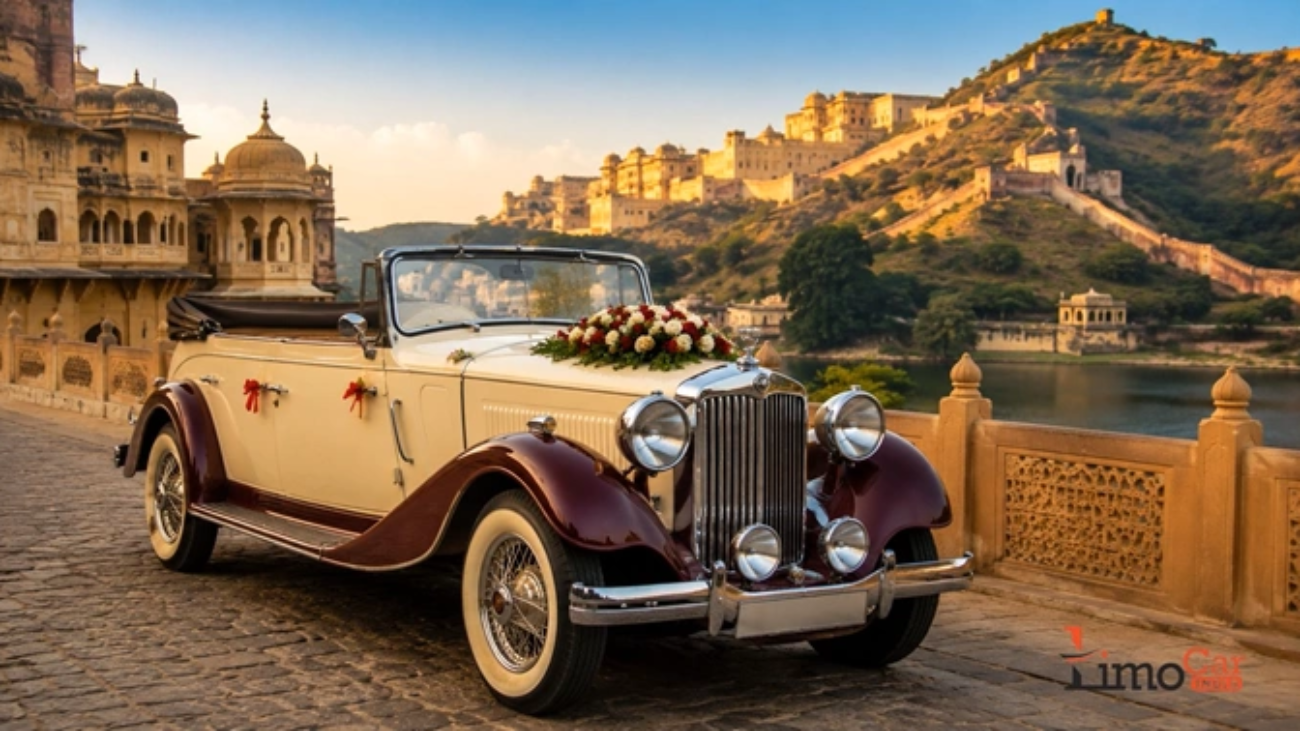 Luxury vintage wedding car parked in front of Jaipur's historic Amer Fort during sunset, showcasing the royal charm of Rajasthan for premium vintage car rental services.