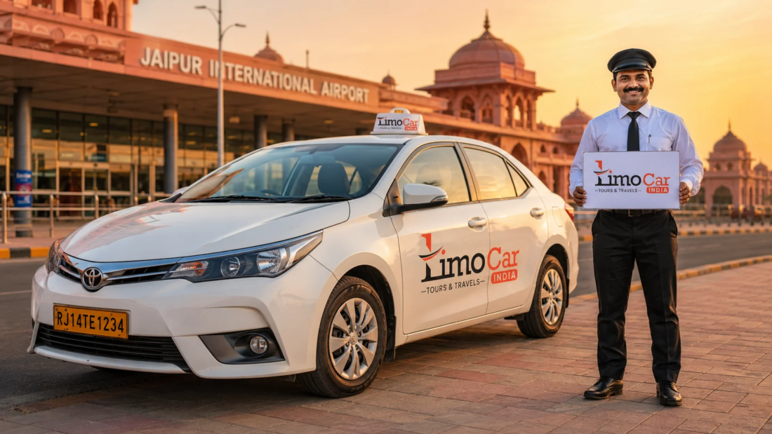 LimoCar India taxi service at Jaipur International Airport with professional driver and white sedan cab