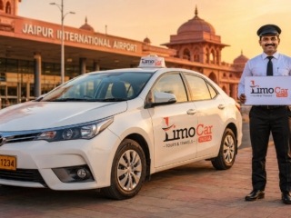 LimoCar India taxi service at Jaipur International Airport with professional driver and white sedan cab
