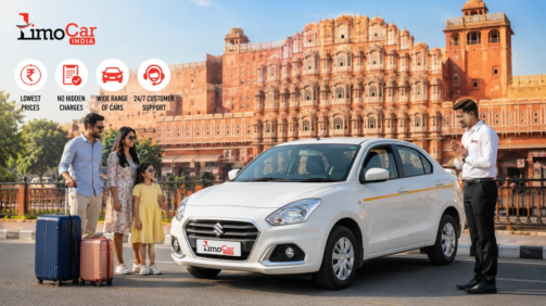 Affordable budget taxi service in Jaipur by Limo Car India with a family, professional driver and sedan car for local and outstation travel