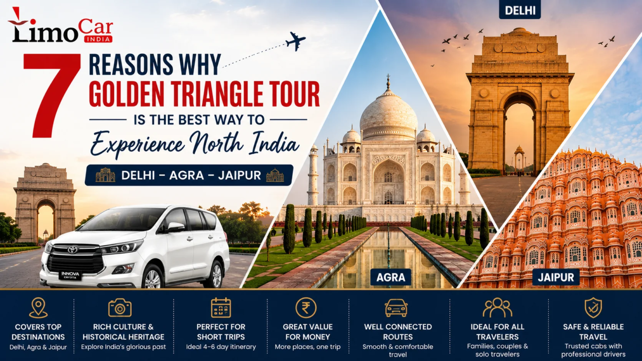 Golden Triangle Tour covering Delhi, Agra and Jaipur with Taj Mahal, India Gate, Hawa Mahal and Limo Car India