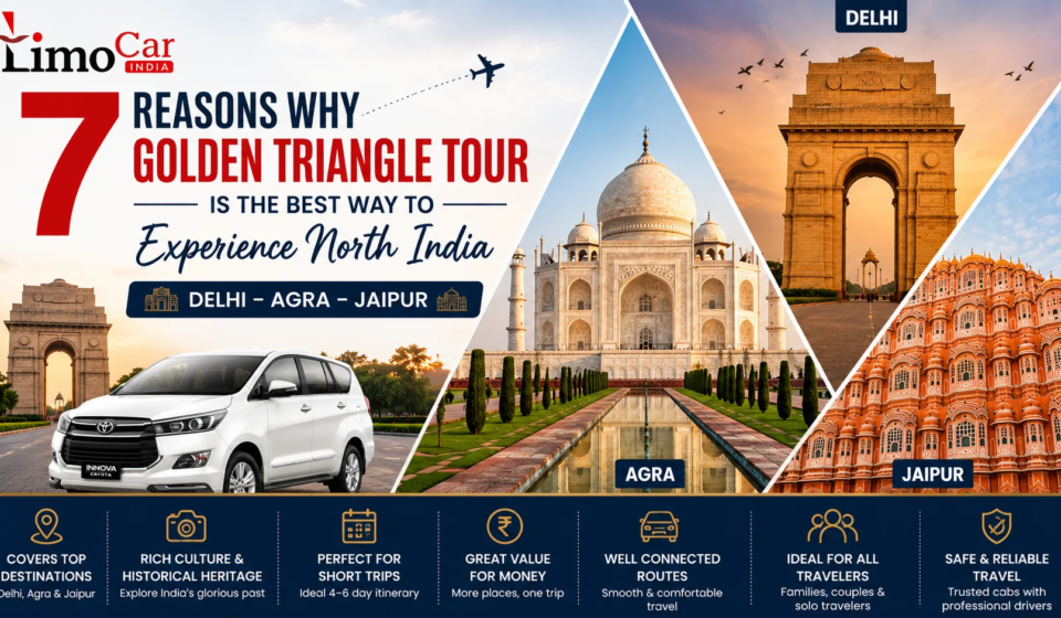 Golden Triangle Tour covering Delhi, Agra and Jaipur with Taj Mahal, India Gate, Hawa Mahal and Limo Car India