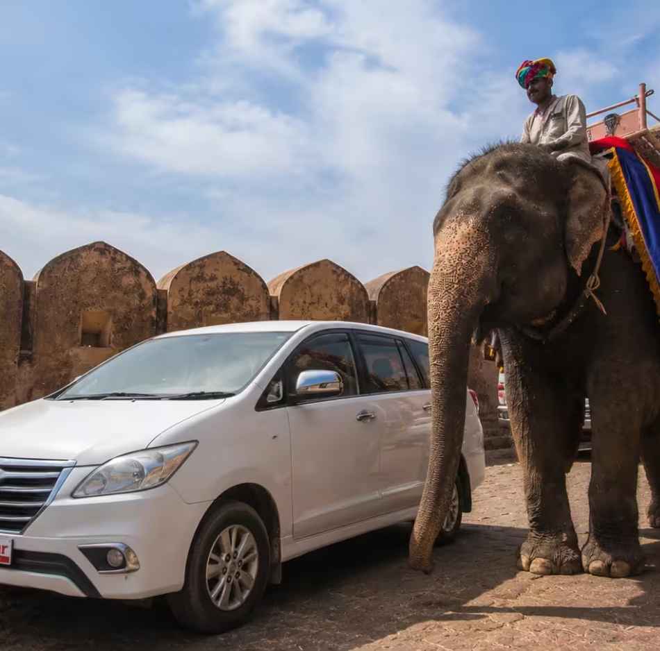 Toyota Innova Crysta taxi parked beside a decorated elephant at Amer Fort, Jaipur, showcasing Limo Car India's premium sightseeing and airport taxi service.