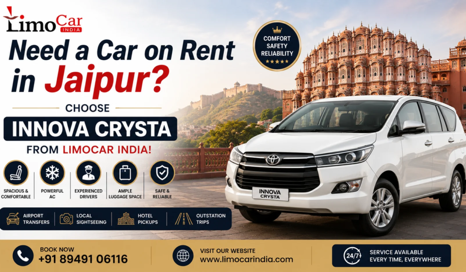 Toyota Innova Crysta car on rent in Jaipur by Limo Car India with professional chauffeur and premium travel service
