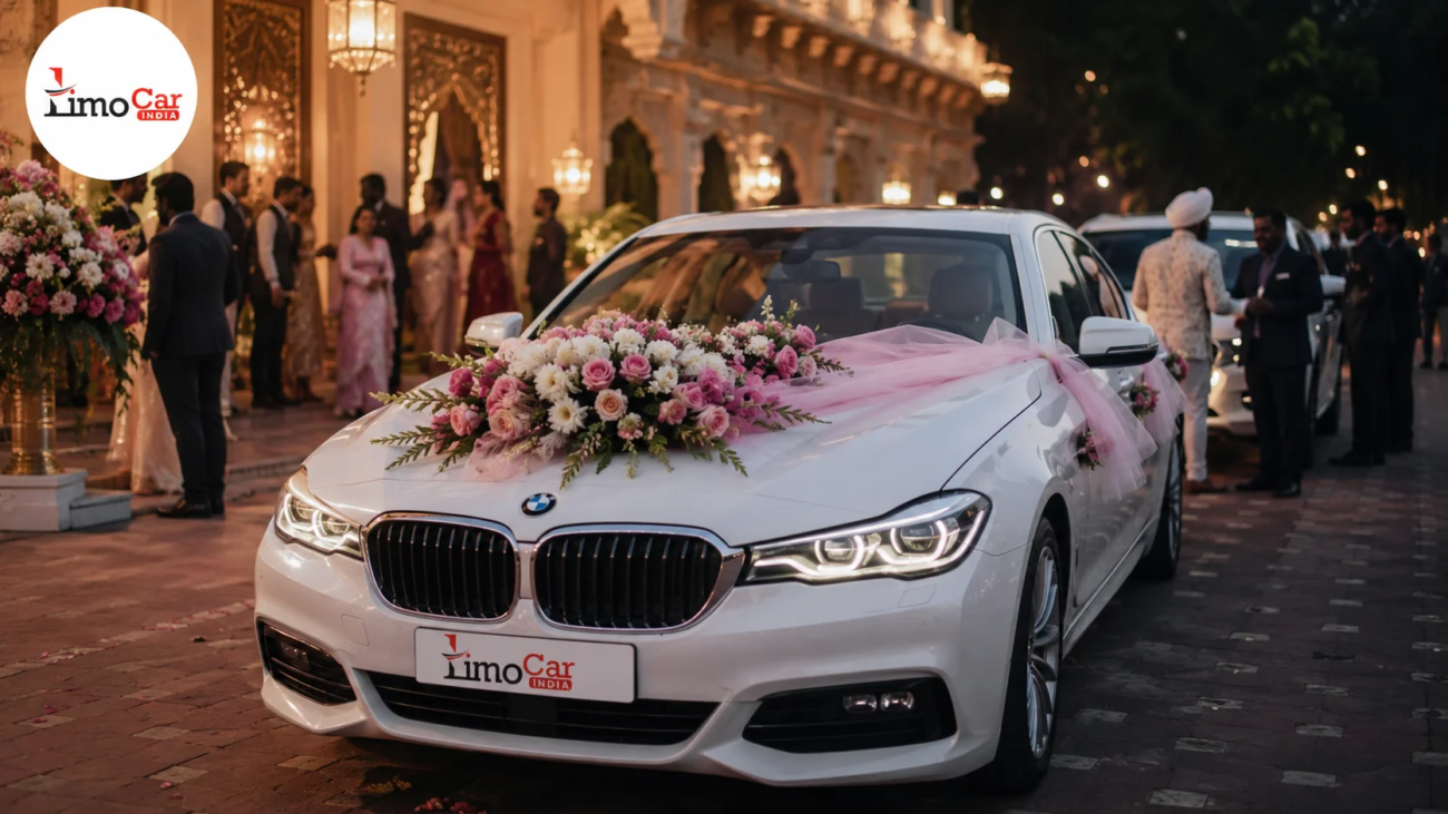 Luxury BMW wedding car rental by Limo Car India at a premium wedding venue in Jaipur with floral decoration and professional chauffeur