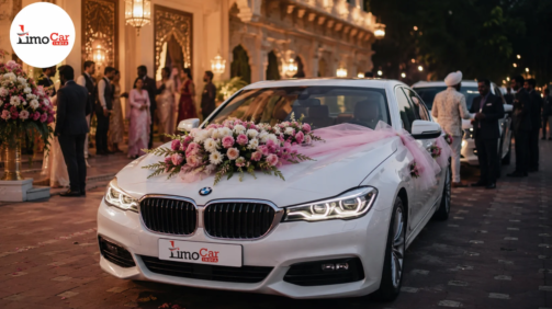 Luxury BMW wedding car rental by Limo Car India at a premium wedding venue in Jaipur with floral decoration and professional chauffeur