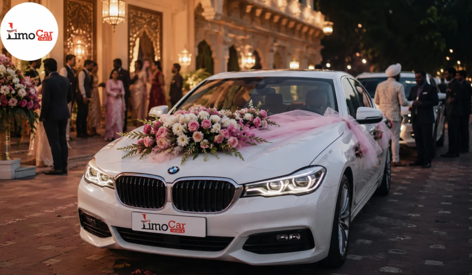 Luxury BMW wedding car rental by Limo Car India at a premium wedding venue in Jaipur with floral decoration and professional chauffeur