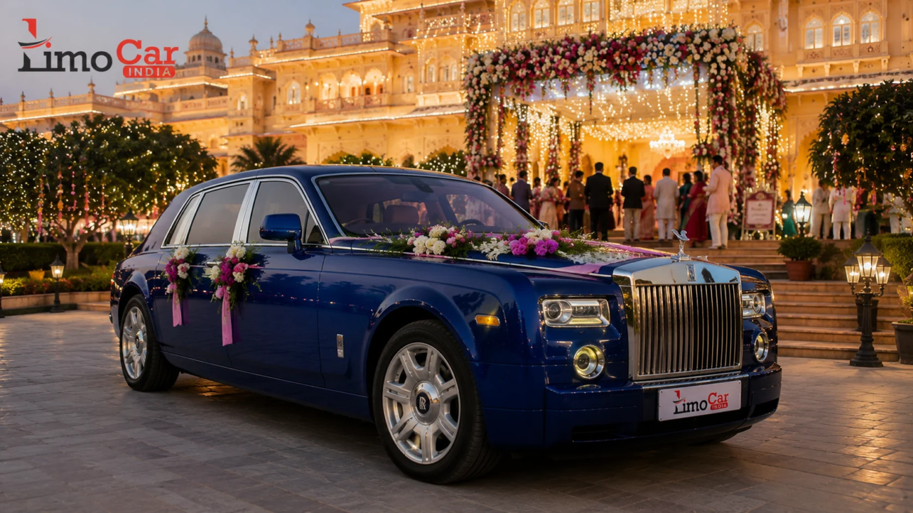 Royal blue Rolls-Royce wedding car rental by Limo Car India at a luxury wedding venue in Jaipur with elegant floral decoration
