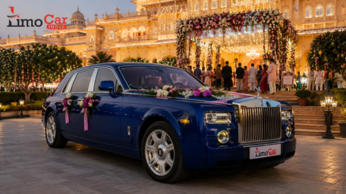 Royal blue Rolls-Royce wedding car rental by Limo Car India at a luxury wedding venue in Jaipur with elegant floral decoration