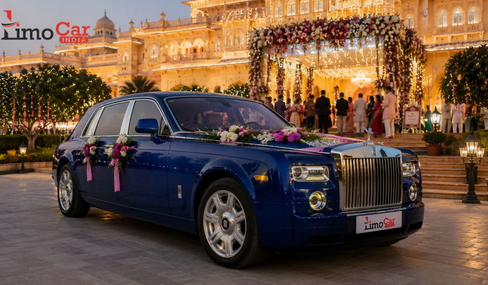 Royal blue Rolls-Royce wedding car rental by Limo Car India at a luxury wedding venue in Jaipur with elegant floral decoration