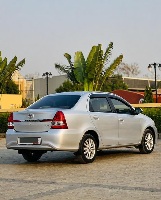 Rear side view of a silver Toyota Etios taxi by Limo Car India, providing comfortable airport transfers, local sightseeing, and outstation taxi services in Jaipur.