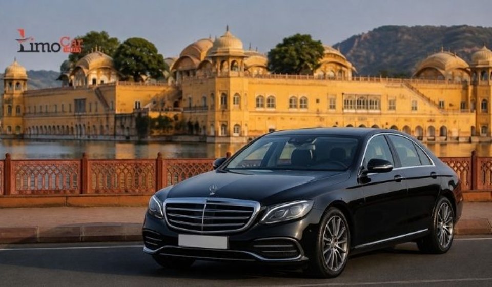 Luxury car rental in Jaipur with a premium black sedan near a historic palace